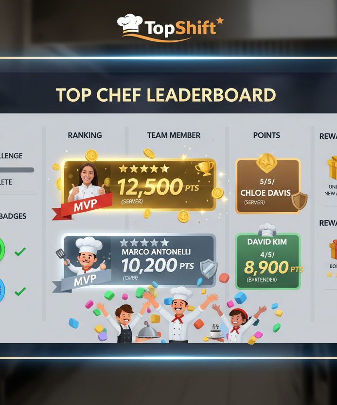 Boost staff motivation and performance with TopShift, our gamified employee reward system!

Each week or month, team members compete to earn points based on actions like:

Delivering excellent service

Completing tasks efficiently

Receiving positive guest feedback

Top performers are recognized and rewarded with exclusive incentives, creating a fun and engaging work environment.

Why it works:

Encourage healthy competition among staff

Increase motivation and productivity

Recognize and reward excellence 