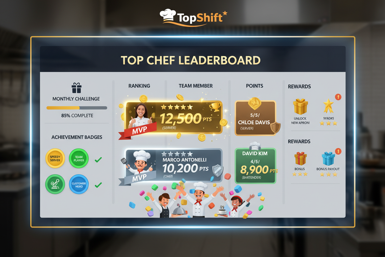 Boost staff motivation and performance with TopShift, our gamified employee reward system!

Each week or month, team members compete to earn points based on actions like:

Delivering excellent service

Completing tasks efficiently

Receiving positive guest feedback

Top performers are recognized and rewarded with exclusive incentives, creating a fun and engaging work environment.

Why it works:

Encourage healthy competition among staff

Increase motivation and productivity

Recognize and reward excellence 