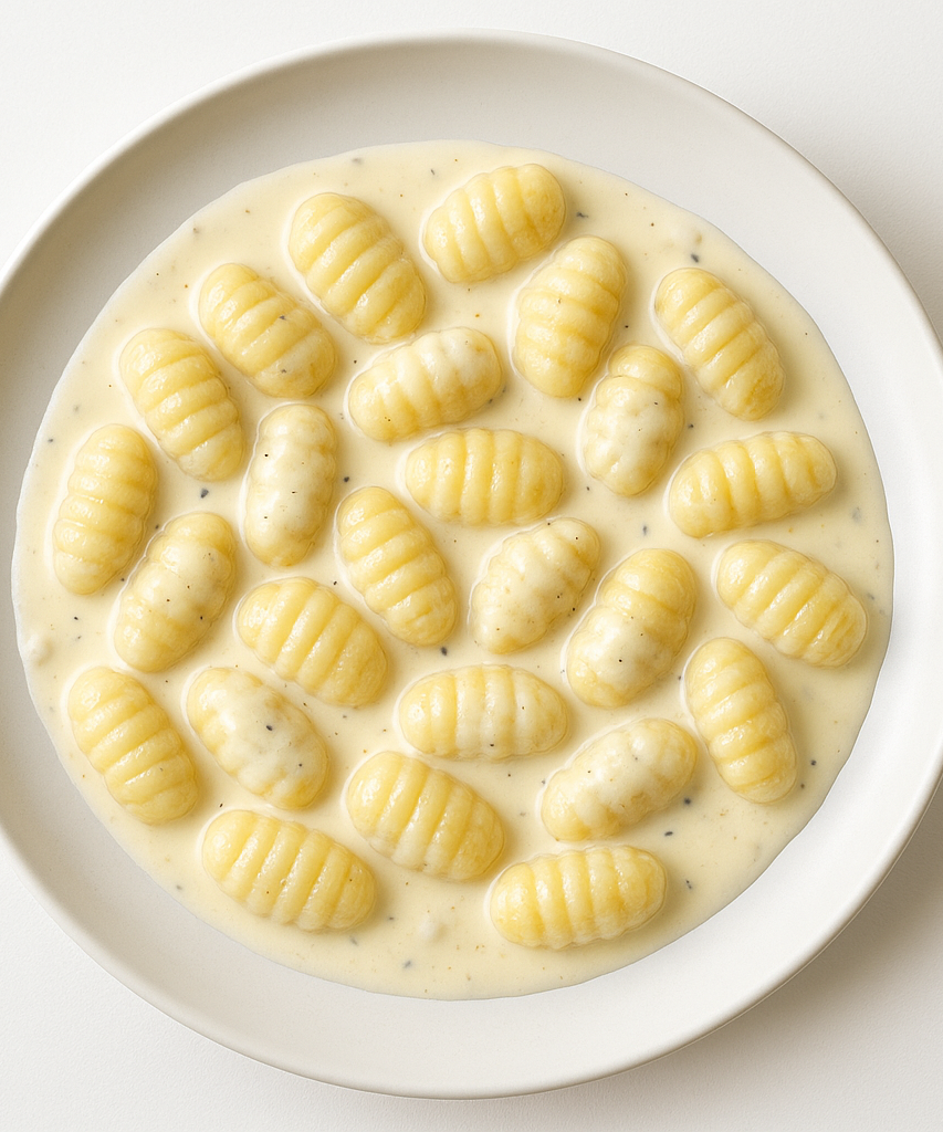 Fotografia realistica ad alta definizione di un piatto di gnocchi di patate rigati con crema ai 4 formaggio, serviti su un piatto bianco di ceramica, su sfondo bianco uniforme, vista zenitale (dall’alto), luce naturale morbida e diffusa, colori realistici e appetitosi, composizione centrata e pulita, stile fotografico professionale per menu di ristorante, nessuna distorsione, nessuna ombra dura, resa nitida e luminosa.