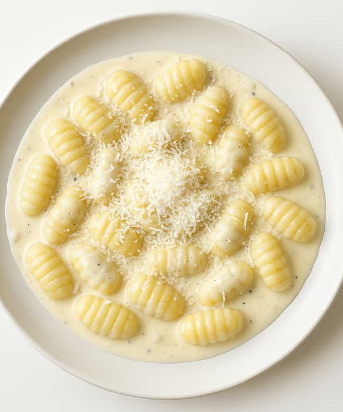 Fotografia realistica ad alta definizione di un piatto di gnocchi di patate rigati con crema ai 4 formaggio, serviti su un piatto bianco di ceramica, su sfondo bianco uniforme, vista zenitale (dall’alto), luce naturale morbida e diffusa, colori realistici e appetitosi, composizione centrata e pulita, stile fotografico professionale per menu di ristorante, nessuna distorsione, nessuna ombra dura, resa nitida e luminosa.