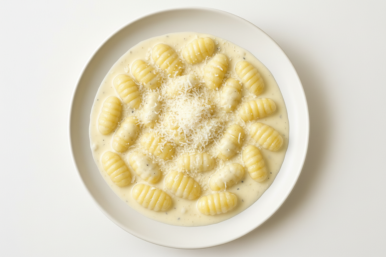 Fotografia realistica ad alta definizione di un piatto di gnocchi di patate rigati con crema ai 4 formaggio, serviti su un piatto bianco di ceramica, su sfondo bianco uniforme, vista zenitale (dall’alto), luce naturale morbida e diffusa, colori realistici e appetitosi, composizione centrata e pulita, stile fotografico professionale per menu di ristorante, nessuna distorsione, nessuna ombra dura, resa nitida e luminosa.