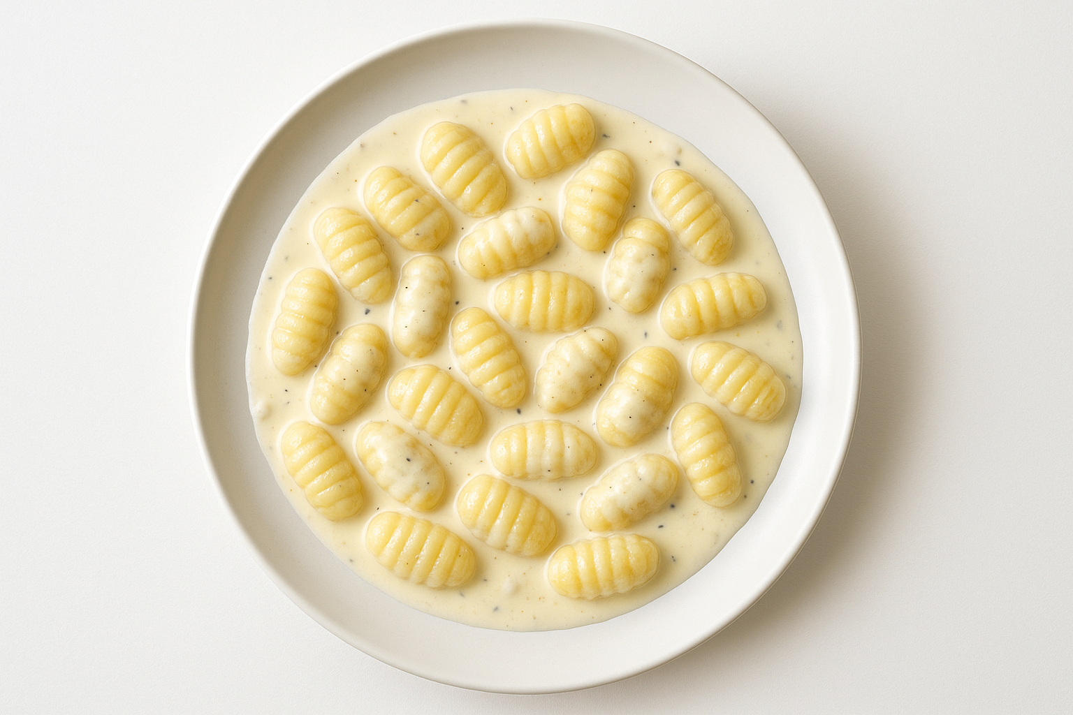 Fotografia realistica ad alta definizione di un piatto di gnocchi di patate rigati con crema ai 4 formaggio, serviti su un piatto bianco di ceramica, su sfondo bianco uniforme, vista zenitale (dall’alto), luce naturale morbida e diffusa, colori realistici e appetitosi, composizione centrata e pulita, stile fotografico professionale per menu di ristorante, nessuna distorsione, nessuna ombra dura, resa nitida e luminosa.