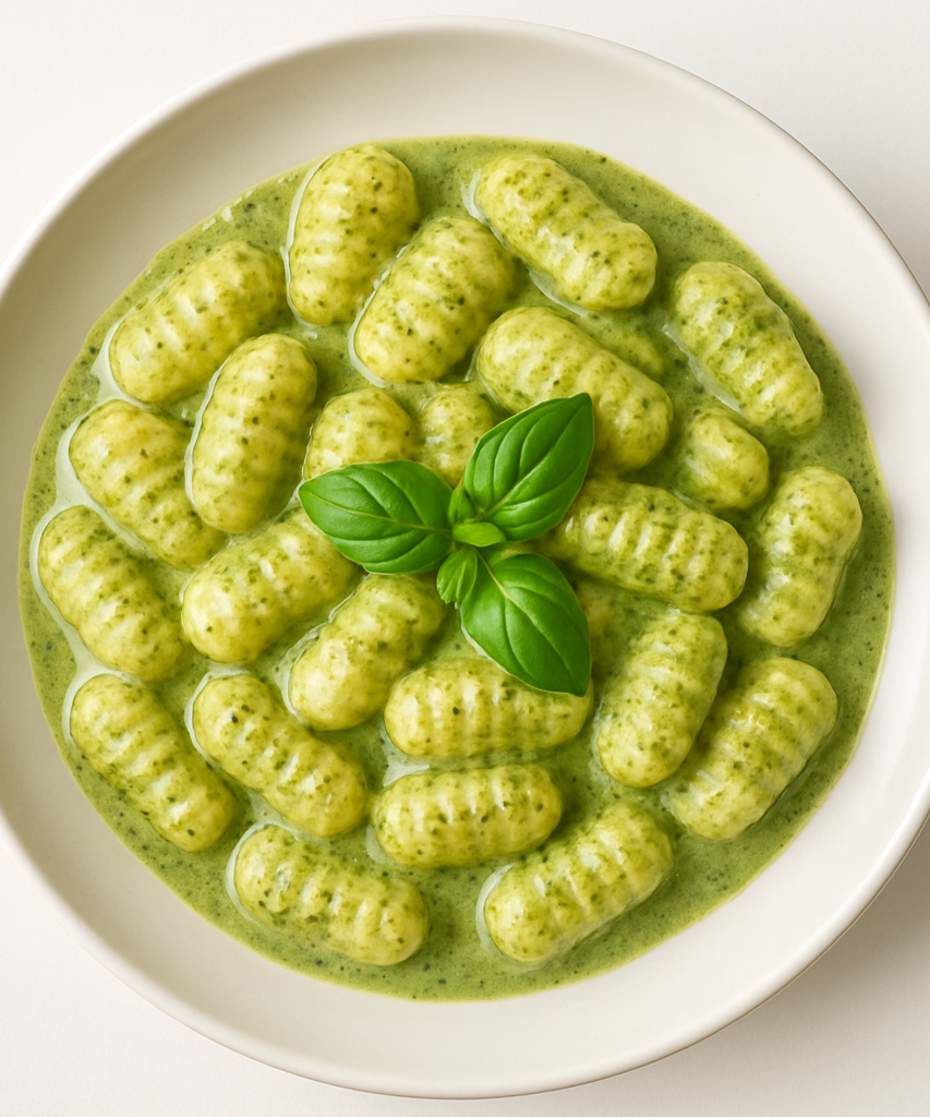 Fotografia realistica ad alta definizione di un piatto di gnocchi di patate rigati con pesto verde cremoso, serviti su un piatto bianco di ceramica, su sfondo bianco uniforme, vista zenitale (dall’alto), luce naturale morbida e diffusa, colori realistici e appetitosi, composizione centrata e pulita, stile fotografico professionale per menu di ristorante, nessuna distorsione, nessuna ombra dura, resa nitida e luminosa. due foglie di basilico fresco al centro piatto