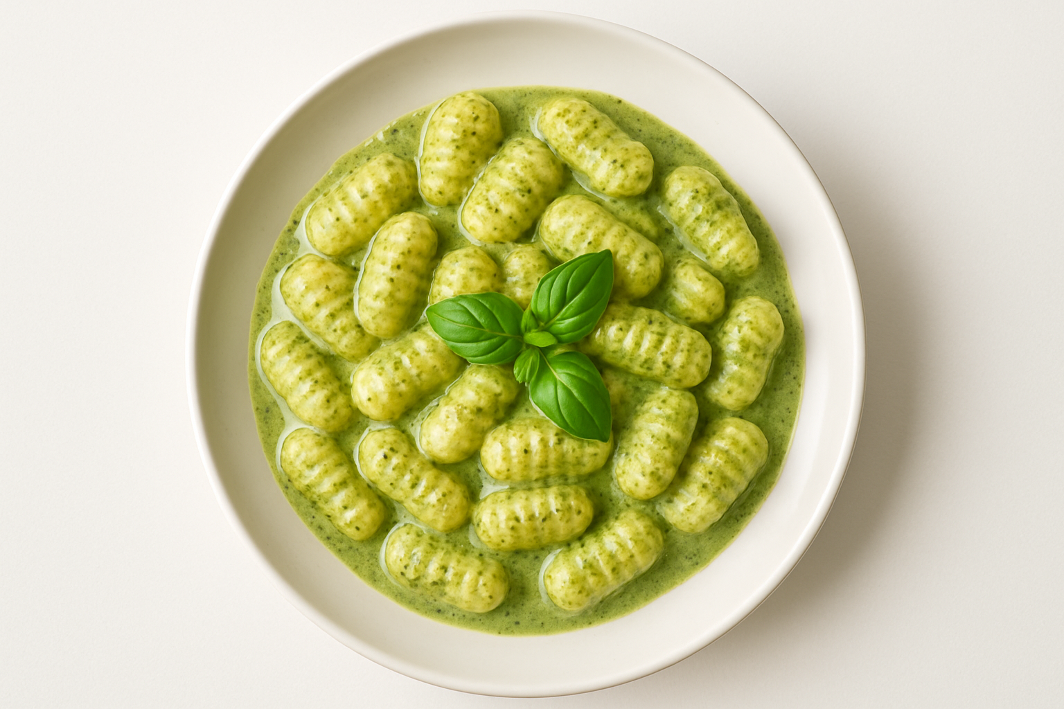 Fotografia realistica ad alta definizione di un piatto di gnocchi di patate rigati con pesto verde cremoso, serviti su un piatto bianco di ceramica, su sfondo bianco uniforme, vista zenitale (dall’alto), luce naturale morbida e diffusa, colori realistici e appetitosi, composizione centrata e pulita, stile fotografico professionale per menu di ristorante, nessuna distorsione, nessuna ombra dura, resa nitida e luminosa. due foglie di basilico fresco al centro piatto