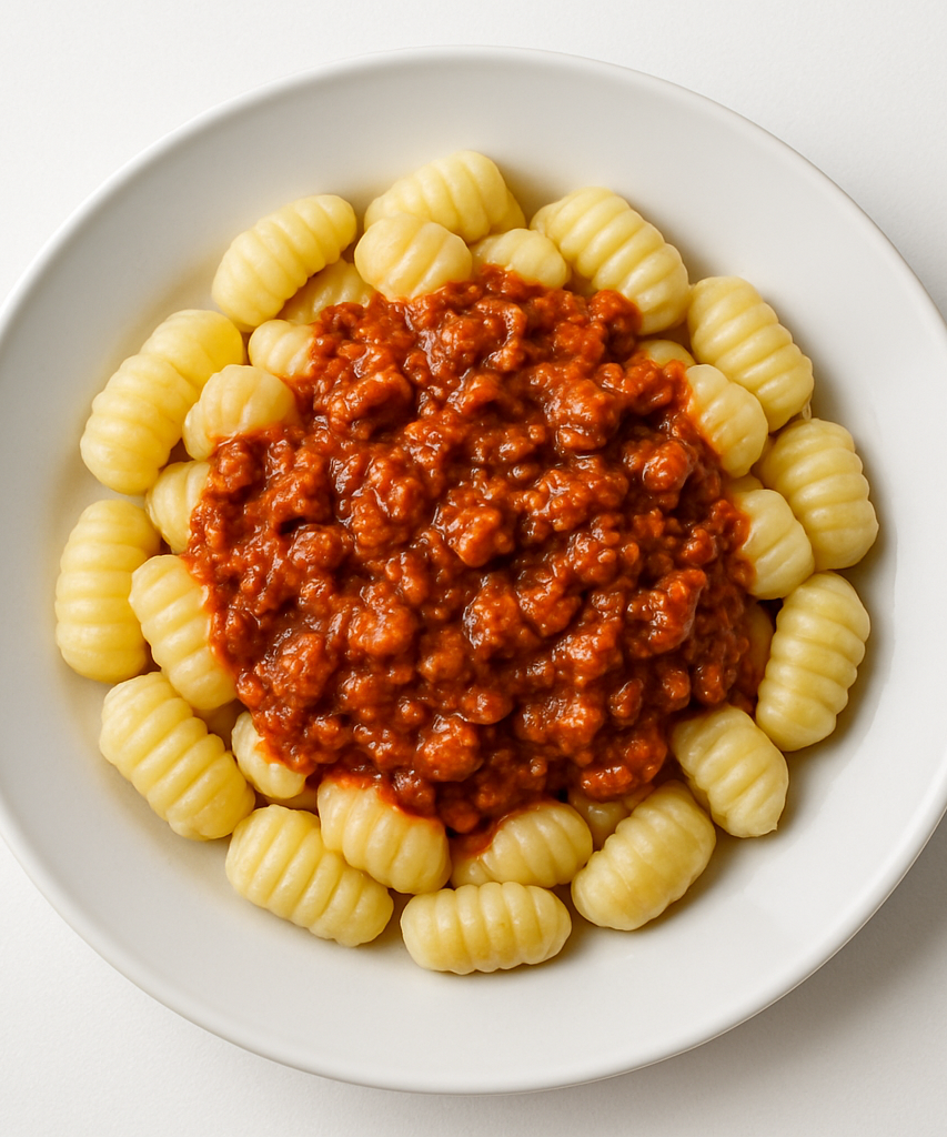 Fotografia realistica ad alta definizione di un piatto di gnocchi di patate rigati con ragù bolognese, serviti su un piatto bianco di ceramica, su sfondo bianco uniforme, vista zenitale (dall’alto), luce naturale morbida e diffusa, colori realistici e appetitosi, composizione centrata e pulita, stile fotografico professionale per menu di ristorante, nessuna distorsione, nessuna ombra dura, resa nitida e luminosa.