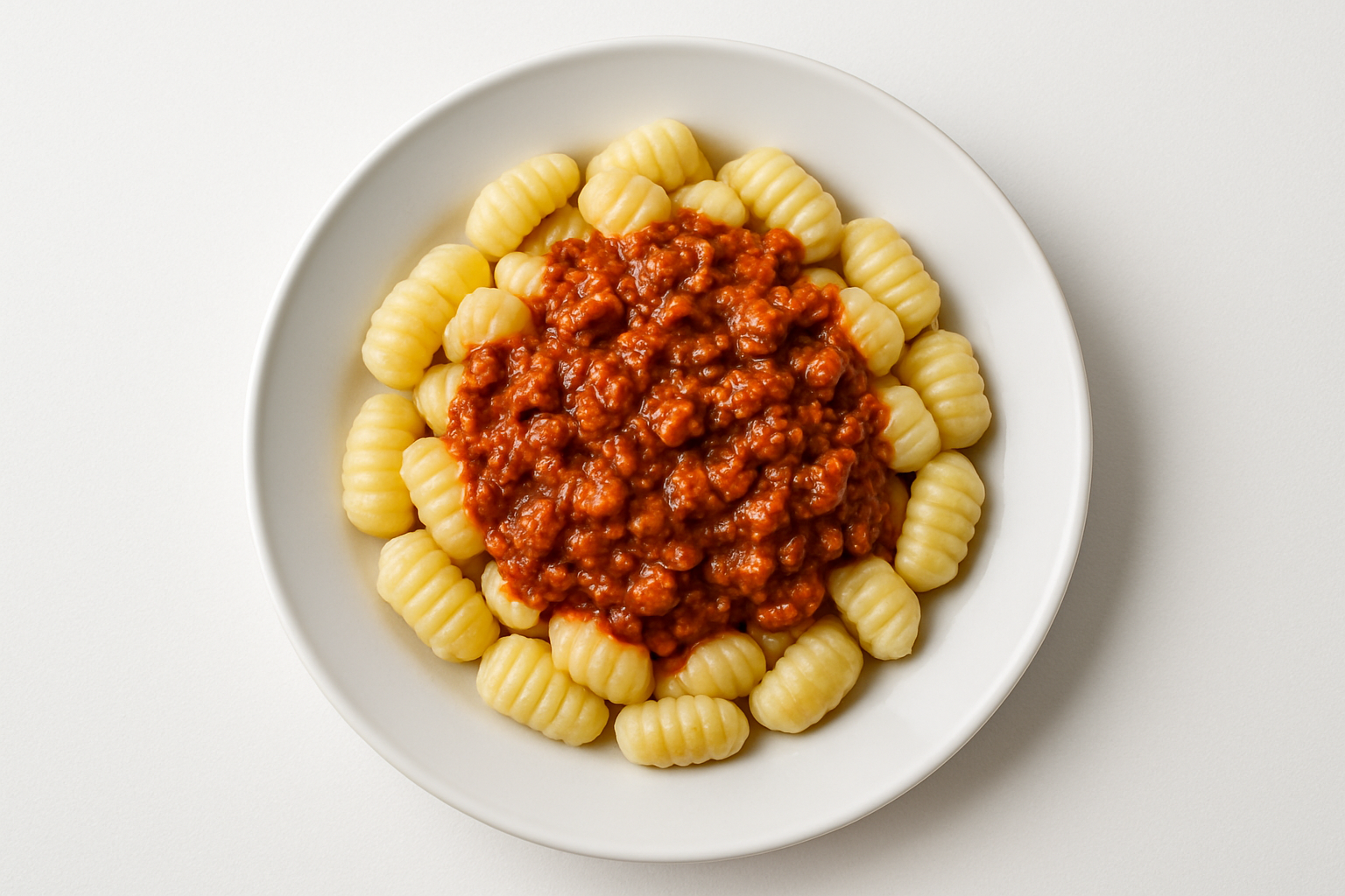 Fotografia realistica ad alta definizione di un piatto di gnocchi di patate rigati con ragù bolognese, serviti su un piatto bianco di ceramica, su sfondo bianco uniforme, vista zenitale (dall’alto), luce naturale morbida e diffusa, colori realistici e appetitosi, composizione centrata e pulita, stile fotografico professionale per menu di ristorante, nessuna distorsione, nessuna ombra dura, resa nitida e luminosa.