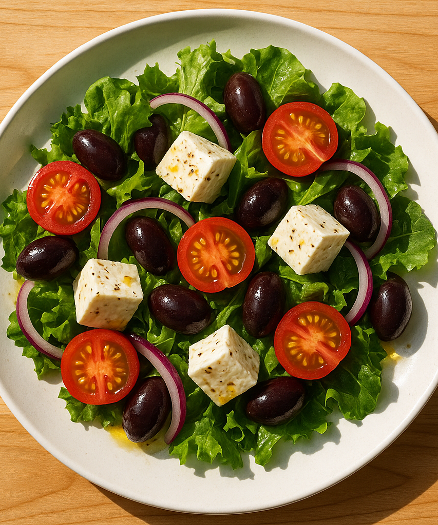 genera Fotografia realistica ad alta definizione di un piatto di 
sfondo legno chiaro (stile brunch californiano, naturale)
luce mattutina calda e realistica
piatti moderni bianchi
presentazione pulita e appetitosa, senza testo o decorazioni


un grande piatto visto dall'alto 

Inspired by the island of Santorini — crisp greens, feta, olives, and tomatoes, drizzled with tangy Greek dressing for a sunny, balanced taste.

Pure freshness, straight from the Mediterranean heart