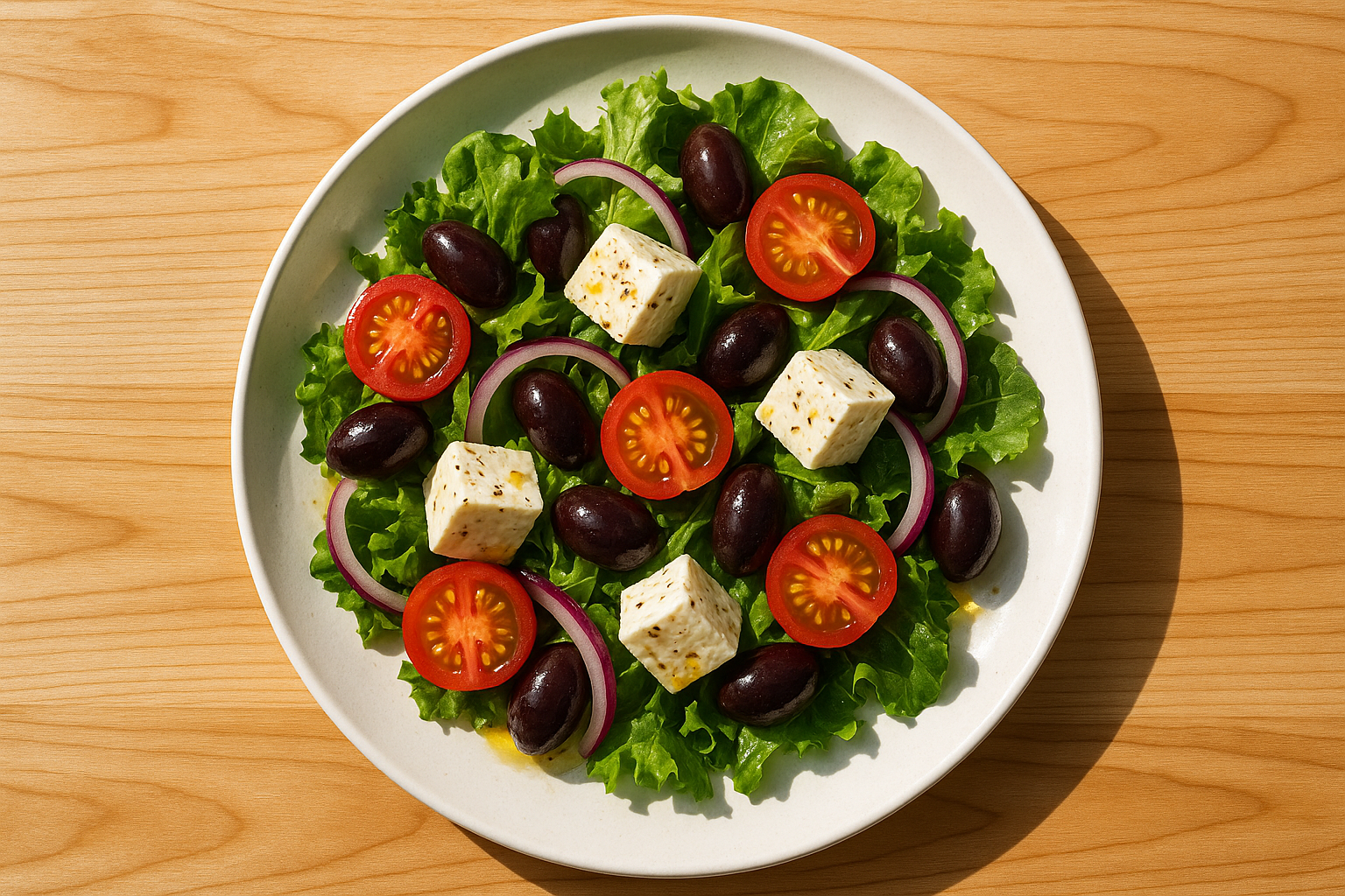 genera Fotografia realistica ad alta definizione di un piatto di 
sfondo legno chiaro (stile brunch californiano, naturale)
luce mattutina calda e realistica
piatti moderni bianchi
presentazione pulita e appetitosa, senza testo o decorazioni


un grande piatto visto dall'alto 

Inspired by the island of Santorini — crisp greens, feta, olives, and tomatoes, drizzled with tangy Greek dressing for a sunny, balanced taste.

Pure freshness, straight from the Mediterranean heart