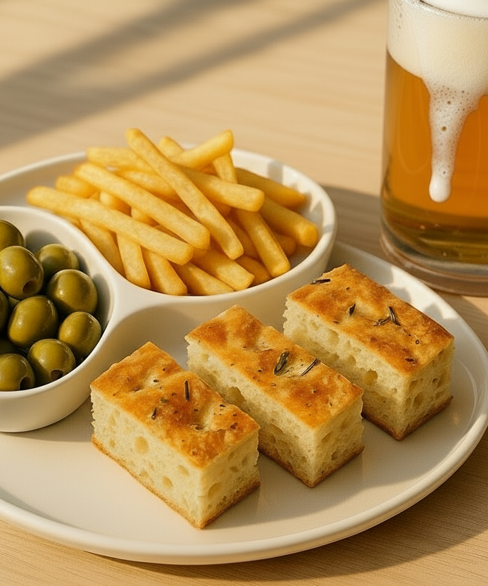 genera Fotografia realistica ad alta definizione di un piatto di 
sfondo legno chiaro (stile brunch californiano, naturale)
luce mattutina calda e realistica
piatti moderni bianchi
presentazione pulita e appetitosa, senza testo o decorazioni
un grande boccale di birra bionda con schiuma traboccante con accanto 3 contenitori - 1 con olive verdi - 1 con patatine fritte - 1 con pezzi di focaccia italiana