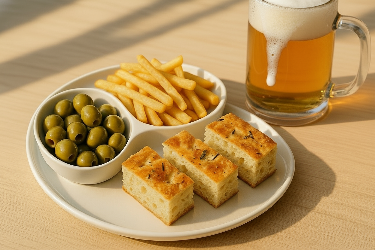 genera Fotografia realistica ad alta definizione di un piatto di 
sfondo legno chiaro (stile brunch californiano, naturale)
luce mattutina calda e realistica
piatti moderni bianchi
presentazione pulita e appetitosa, senza testo o decorazioni
un grande boccale di birra bionda con schiuma traboccante con accanto 3 contenitori - 1 con olive verdi - 1 con patatine fritte - 1 con pezzi di focaccia italiana