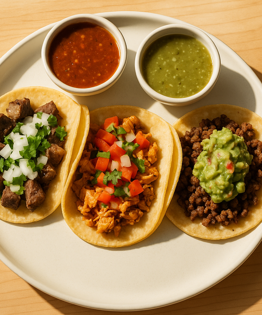 genera Fotografia realistica ad alta definizione di un piatto di 
sfondo legno chiaro (stile brunch californiano, naturale)
luce mattutina calda e realistica
piatti moderni bianchi
presentazione pulita e appetitosa, senza testo o decorazioni    piatto con 3 varianti di taco messicano accompagnato da ciotoline con salve