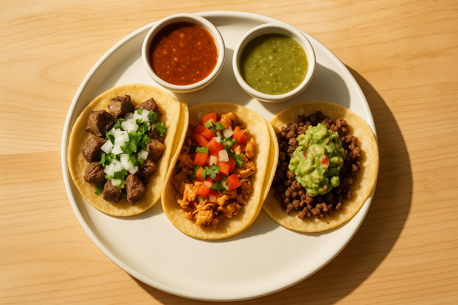 genera Fotografia realistica ad alta definizione di un piatto di 
sfondo legno chiaro (stile brunch californiano, naturale)
luce mattutina calda e realistica
piatti moderni bianchi
presentazione pulita e appetitosa, senza testo o decorazioni    piatto con 3 varianti di taco messicano accompagnato da ciotoline con salve