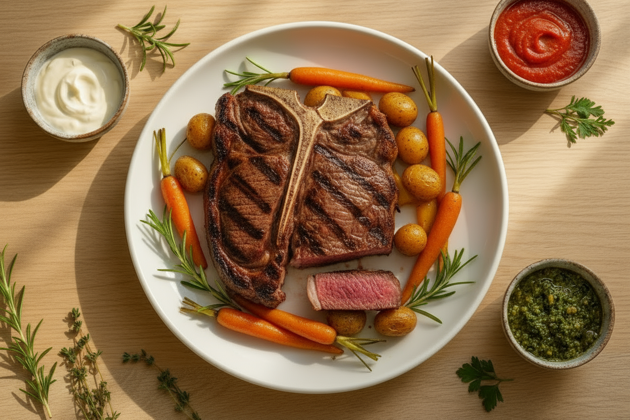 genera Fotografia realistica ad alta definizione di un piatto di 
sfondo legno chiaro (stile brunch californiano, naturale)
luce mattutina calda e realistica
piatti moderni bianchi
presentazione pulita e appetitosa, senza testo o decorazioni  piatto unico con Seared salmon fillet with a mix of grilled and sautéed seasonal vegetables — carrots, potatoes, bell peppers, and fresh coastal herbs. 