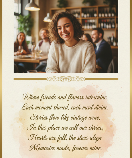mi fai il rendering di una stampa che ha la foto di un cliente sorridente in un ristorante e sotto di essa una poesia di 5/6 versi? la poesia deve essere in inglese....