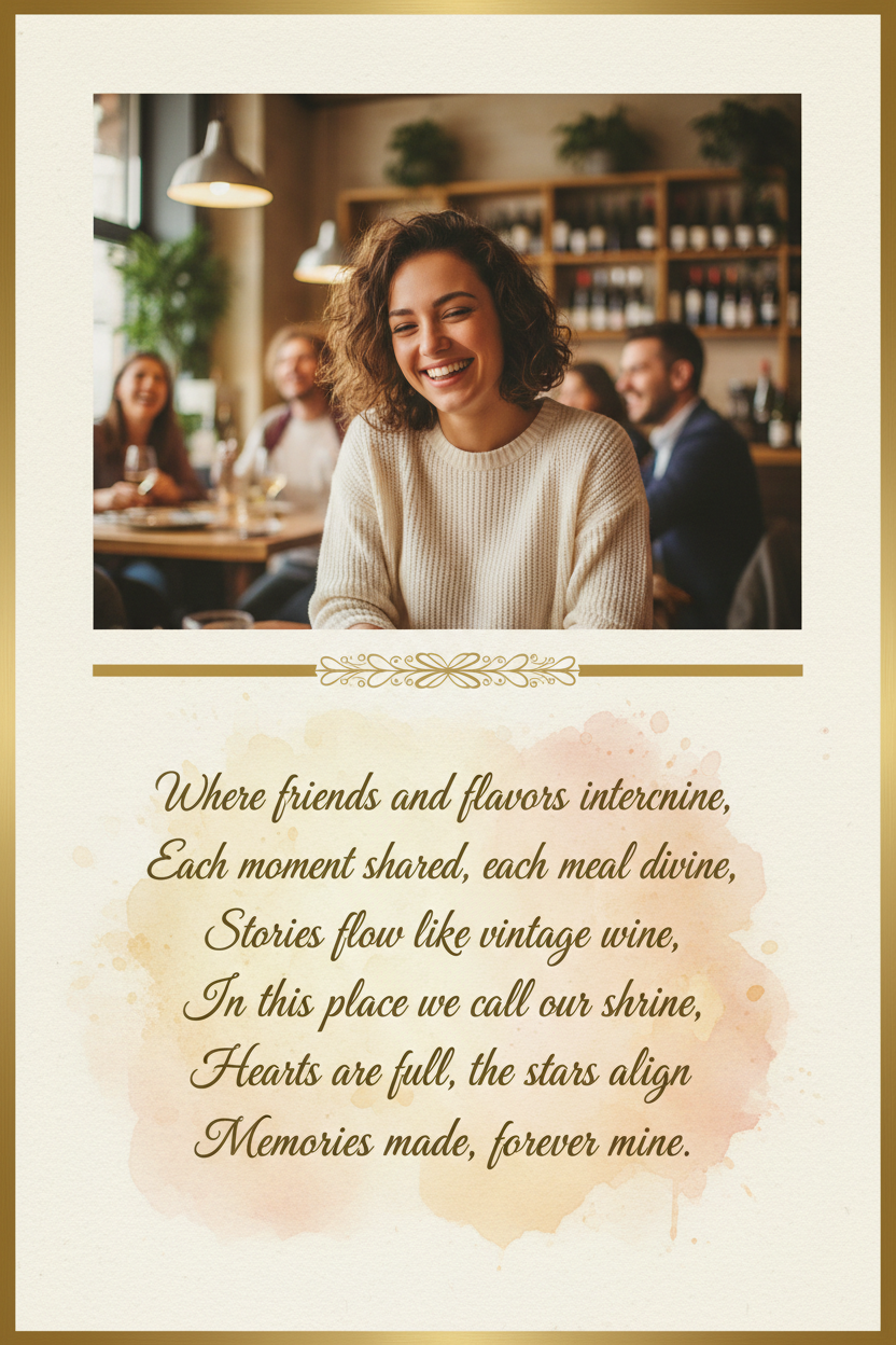 mi fai il rendering di una stampa che ha la foto di un cliente sorridente in un ristorante e sotto di essa una poesia di 5/6 versi? la poesia deve essere in inglese....