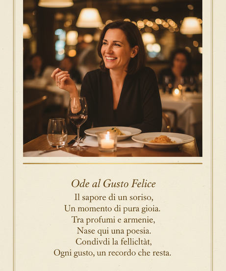 mi fai il rendering di una stampa che ha la foto di un cliente sorridente in un ristorante e sotto di essa una poesia di 5/6 versi?