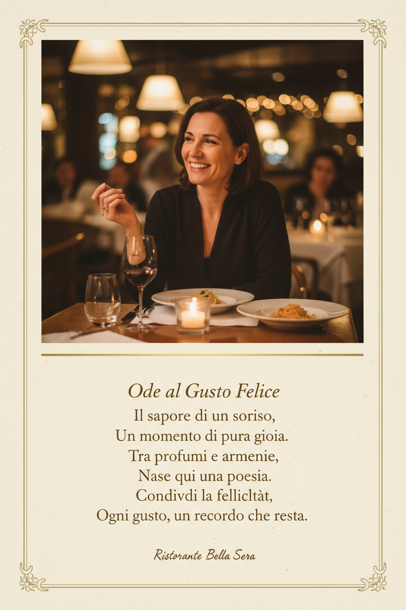 mi fai il rendering di una stampa che ha la foto di un cliente sorridente in un ristorante e sotto di essa una poesia di 5/6 versi?