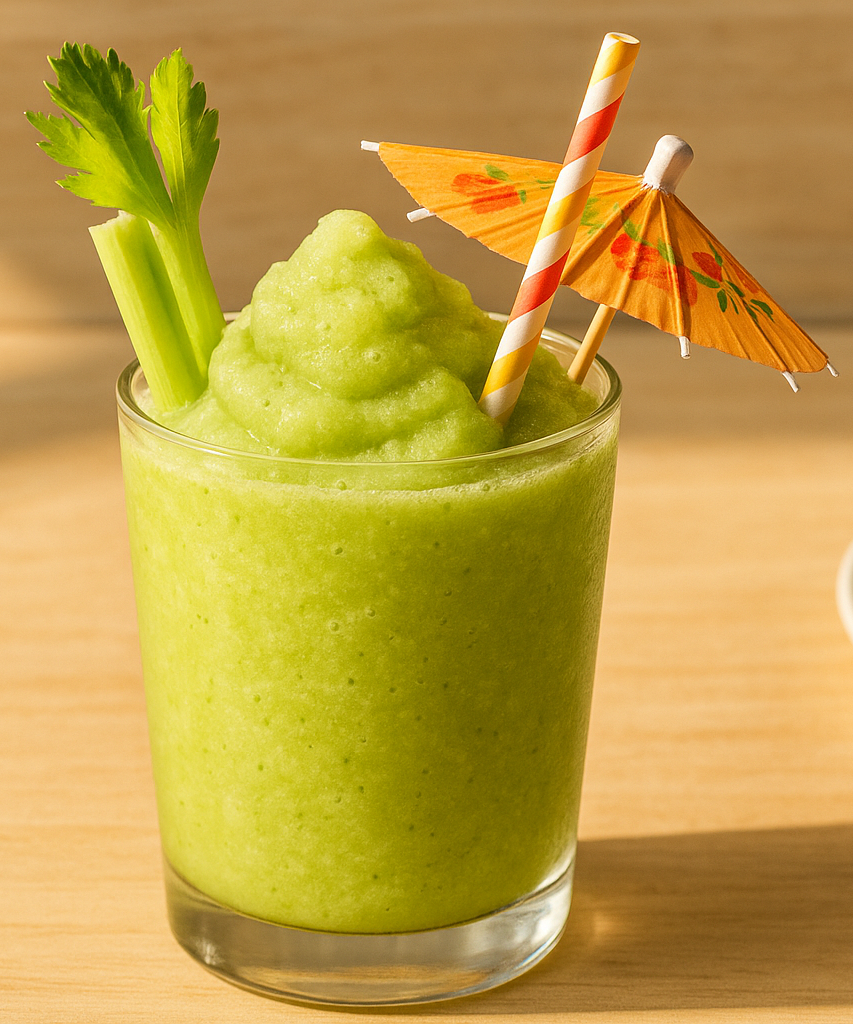 sfondo legno chiaro (stile brunch californiano, naturale)
luce mattutina calda e realistica
piatti moderni bianchi
presentazione pulita e appetitosa, senza testo o decorazioni

bicchiere trasparente, cannuccia colorata e cappellino decorativo da coctail, gamba di sedano all'interno del bichiere, consisetnza della bevanda simile a gelato , al centro deve essere più alto del bicchiere smothies Celery, apple, apple juice, ginger.