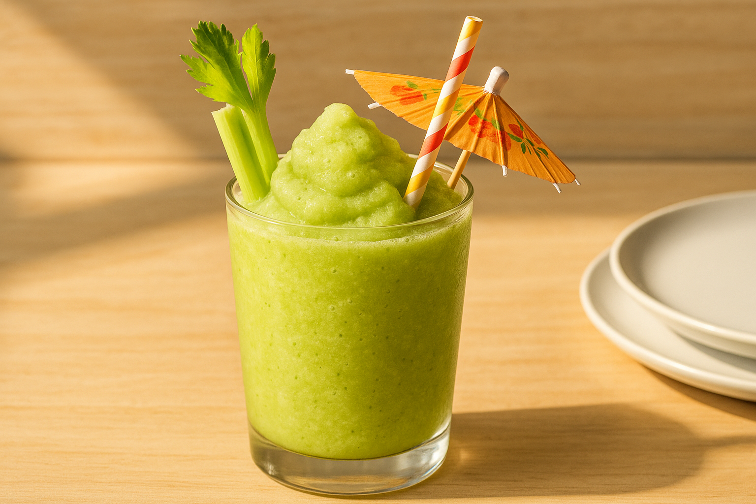 sfondo legno chiaro (stile brunch californiano, naturale)
luce mattutina calda e realistica
piatti moderni bianchi
presentazione pulita e appetitosa, senza testo o decorazioni

bicchiere trasparente, cannuccia colorata e cappellino decorativo da coctail, gamba di sedano all'interno del bichiere, consisetnza della bevanda simile a gelato , al centro deve essere più alto del bicchiere smothies Celery, apple, apple juice, ginger.