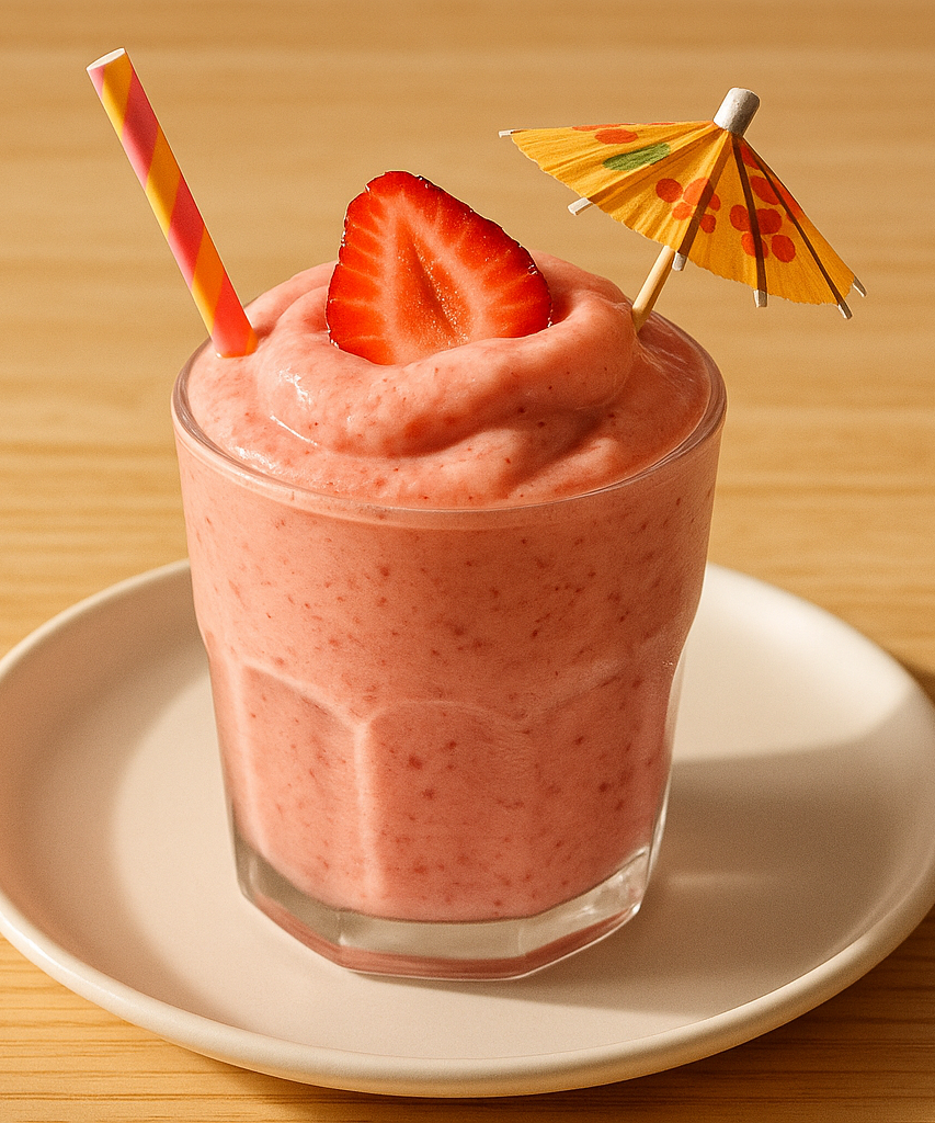 sfondo legno chiaro (stile brunch californiano, naturale)
luce mattutina calda e realistica
piatti moderni bianchi
presentazione pulita e appetitosa, senza testo o decorazioni

bicchiere trasparente, cannuccia colorata e cappellino decorativo da cocktail, consistenza della bevanda simile a gelato , al centro deve essere più alto del bicchiere, una fragola tagliata in cima alla bevanda nel punto più alto. smoothies fragola latte