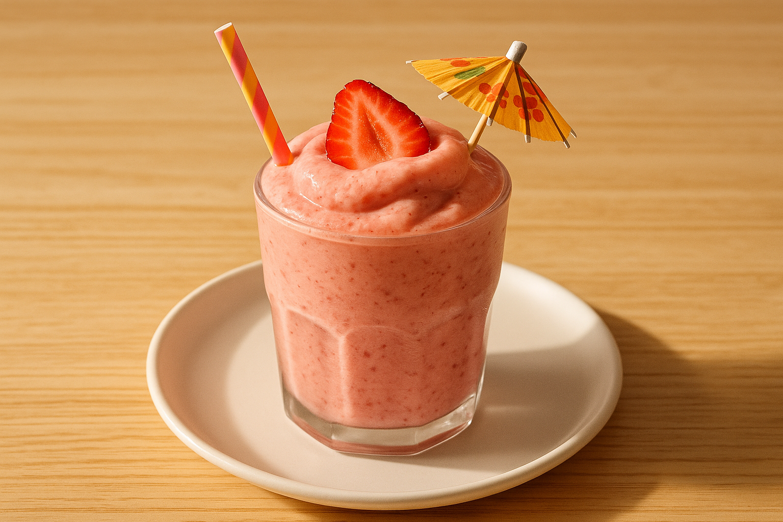 sfondo legno chiaro (stile brunch californiano, naturale)
luce mattutina calda e realistica
piatti moderni bianchi
presentazione pulita e appetitosa, senza testo o decorazioni

bicchiere trasparente, cannuccia colorata e cappellino decorativo da cocktail, consistenza della bevanda simile a gelato , al centro deve essere più alto del bicchiere, una fragola tagliata in cima alla bevanda nel punto più alto. smoothies fragola latte