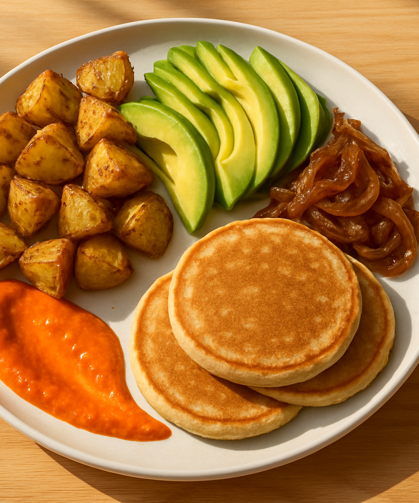 sfondo legno chiaro (stile brunch californiano, naturale)
luce mattutina calda e realistica
piatti moderni bianchi
presentazione pulita e appetitosa, senza testo o decorazioni

Roasted potatoes + avocado + caramelized onions + vegan pancakes + sweet pepper sauce

100% plant-based and full of character. Light but satisfying, like a morning on the Pacific coast.