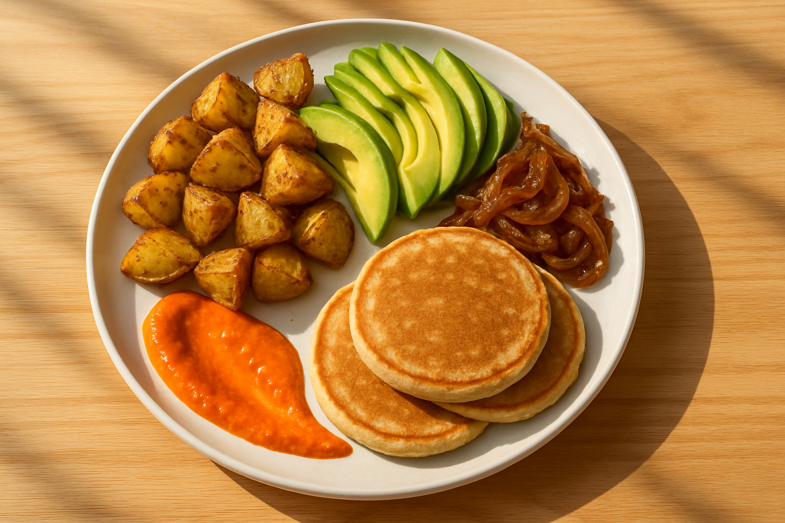 sfondo legno chiaro (stile brunch californiano, naturale)
luce mattutina calda e realistica
piatti moderni bianchi
presentazione pulita e appetitosa, senza testo o decorazioni

Roasted potatoes + avocado + caramelized onions + vegan pancakes + sweet pepper sauce

100% plant-based and full of character. Light but satisfying, like a morning on the Pacific coast.