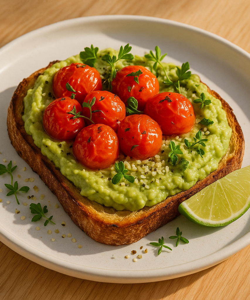 sfondo legno chiaro (stile brunch californiano, naturale)

luce mattutina calda e realistica

piatti moderni bianchi

presentazione pulita e appetitosa, senza testo o decorazioni Toasted sourdough with creamy avocado + roasted cherry tomatoes + herbs + hemp seeds + lime