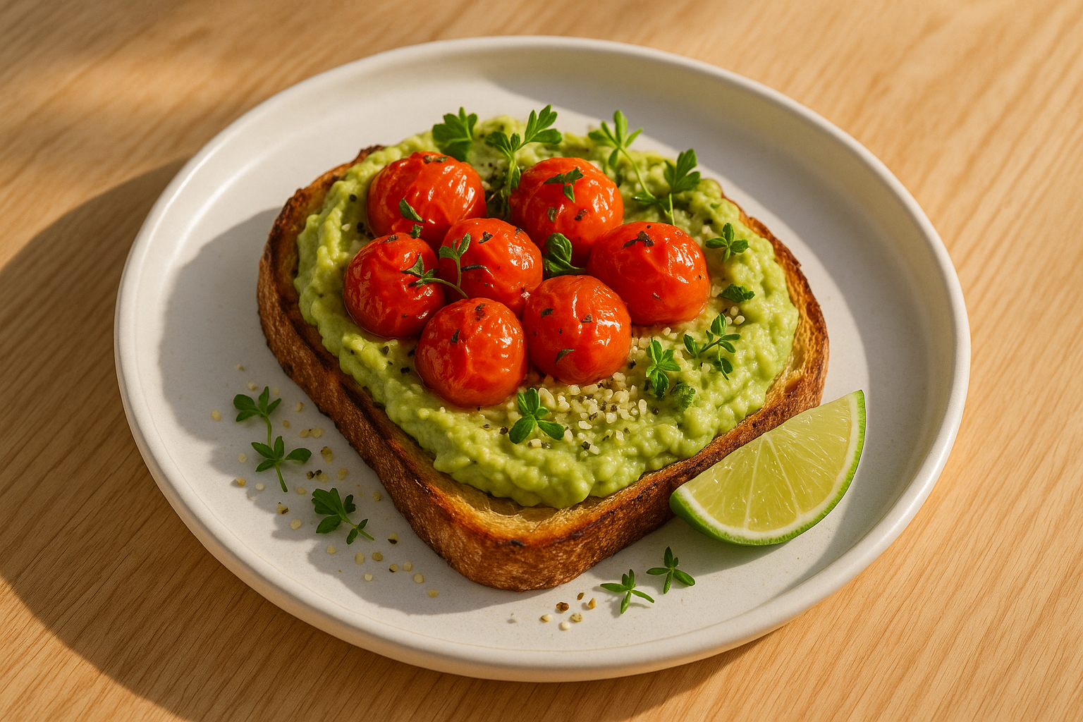sfondo legno chiaro (stile brunch californiano, naturale)

luce mattutina calda e realistica

piatti moderni bianchi

presentazione pulita e appetitosa, senza testo o decorazioni Toasted sourdough with creamy avocado + roasted cherry tomatoes + herbs + hemp seeds + lime