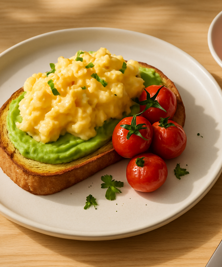 sfondo legno chiaro (stile brunch californiano, naturale)
luce mattutina calda e realistica
piatti moderni bianchi
presentazione pulita e appetitosa, senza testo o decorazioni

Toasted sourdough with creamy avocado + softly scrambled egg + roasted cherry tomatoes + herbs

The freshness of the Pacific in every bite: creamy, fragrant, full of energy.