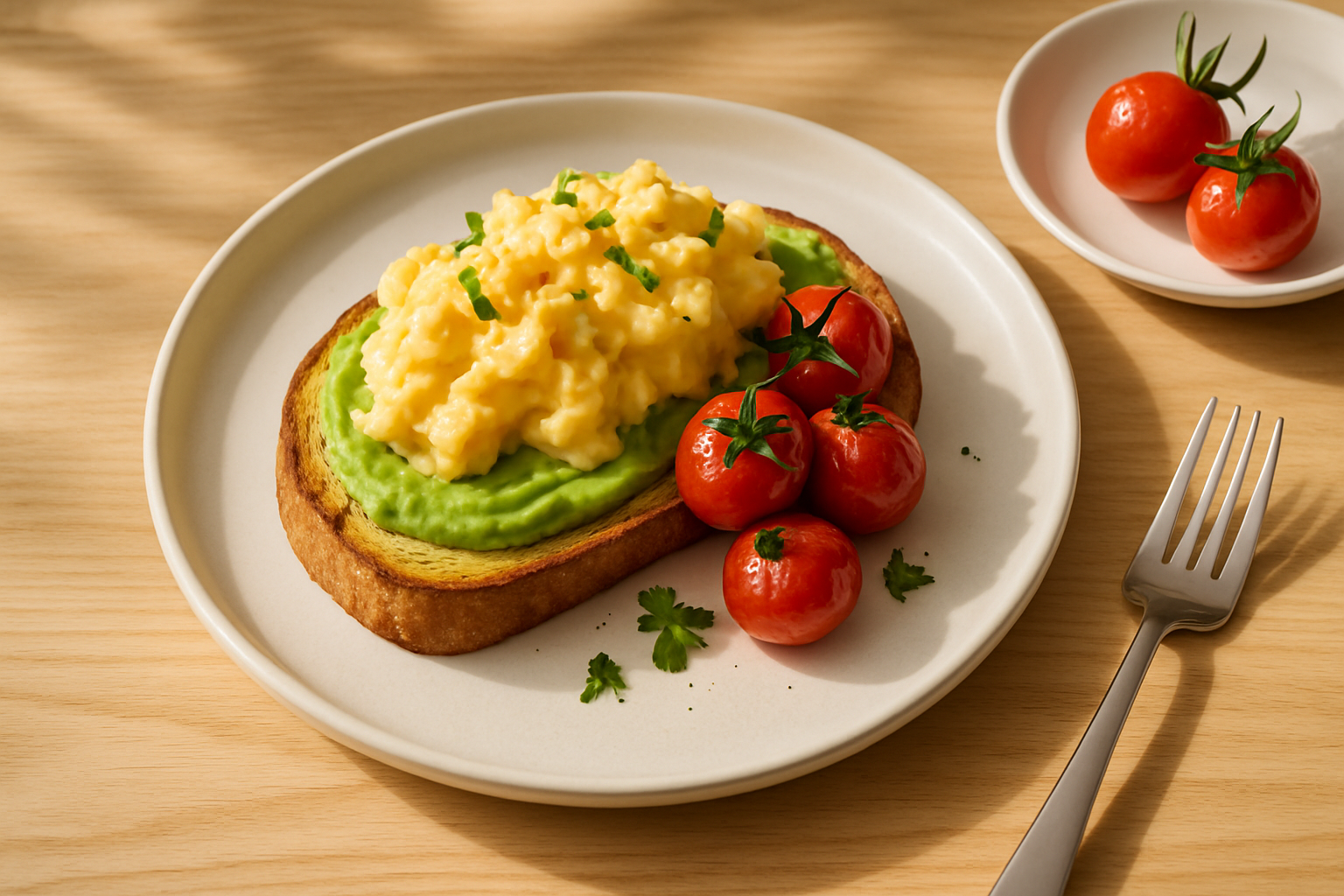 sfondo legno chiaro (stile brunch californiano, naturale)
luce mattutina calda e realistica
piatti moderni bianchi
presentazione pulita e appetitosa, senza testo o decorazioni

Toasted sourdough with creamy avocado + softly scrambled egg + roasted cherry tomatoes + herbs

The freshness of the Pacific in every bite: creamy, fragrant, full of energy.