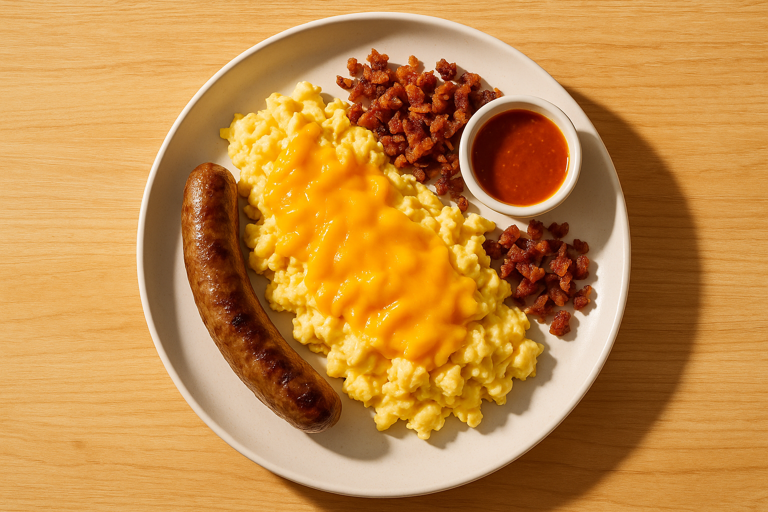 sfondo legno chiaro (stile brunch californiano, naturale)
luce mattutina calda e realistica
piatti moderni bianchi
presentazione pulita e appetitosa, senza testo o decorazioni

un grande piatto visto dall'alto 

Sausage + scrambled eggs + cheddar cheese + crumbled bacon + optional hot sauce

Bold and hearty — like breakfast on the open road. The most robust combo, perfect for those who love intense flavors. Inspired by diners along Route 66.
