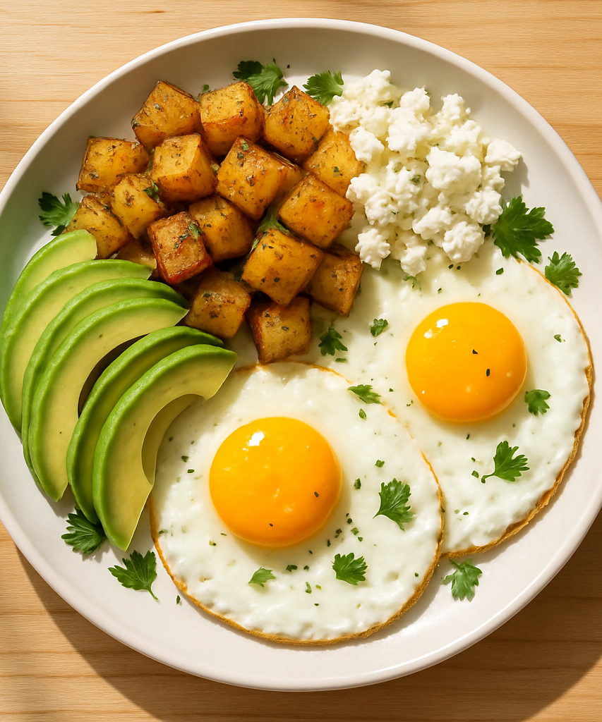 sfondo legno chiaro (stile brunch californiano, naturale)
luce mattutina calda e realistica
piatti moderni bianchi
presentazione pulita e appetitosa, senza testo o decorazioni

un grande piatto visto dall'alto 

sunny side up eggs + avocado + spiced potatoes + cheese + fresh herbs

Perfect for mindful mornings. Light and natural energy: the perfect breakfast for those who love surfing, yoga, and good vibes.

