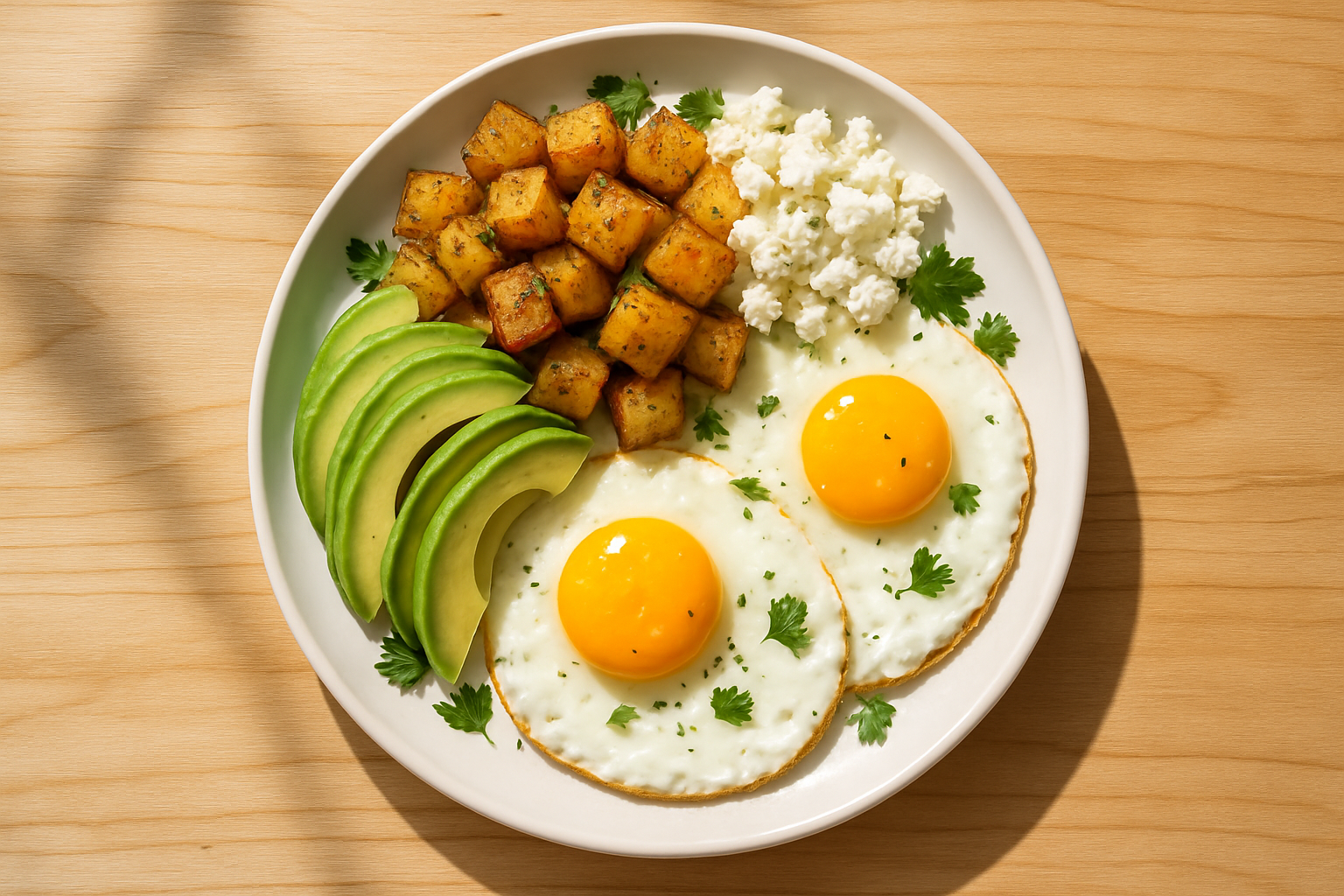 sfondo legno chiaro (stile brunch californiano, naturale)
luce mattutina calda e realistica
piatti moderni bianchi
presentazione pulita e appetitosa, senza testo o decorazioni

un grande piatto visto dall'alto 

sunny side up eggs + avocado + spiced potatoes + cheese + fresh herbs

Perfect for mindful mornings. Light and natural energy: the perfect breakfast for those who love surfing, yoga, and good vibes.


