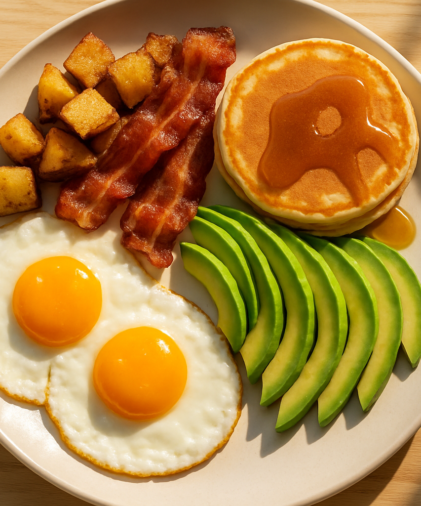 sfondo legno chiaro (stile brunch californiano, naturale)
luce mattutina calda e realistica
piatti moderni bianchi
presentazione pulita e appetitosa, senza testo o decorazioni

un grande piatto visto dall'alto 

Sunny side up Eggs +avocado+ crispy bacon + golden potatoes + mini stack of pancakes with maple syrup

Classic and sunny like a morning in Malibu. Sweet and savory come together in perfect balance