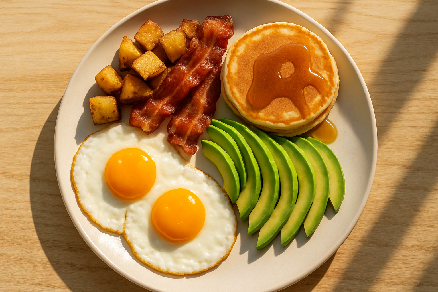 sfondo legno chiaro (stile brunch californiano, naturale)
luce mattutina calda e realistica
piatti moderni bianchi
presentazione pulita e appetitosa, senza testo o decorazioni

un grande piatto visto dall'alto 

Sunny side up Eggs +avocado+ crispy bacon + golden potatoes + mini stack of pancakes with maple syrup

Classic and sunny like a morning in Malibu. Sweet and savory come together in perfect balance