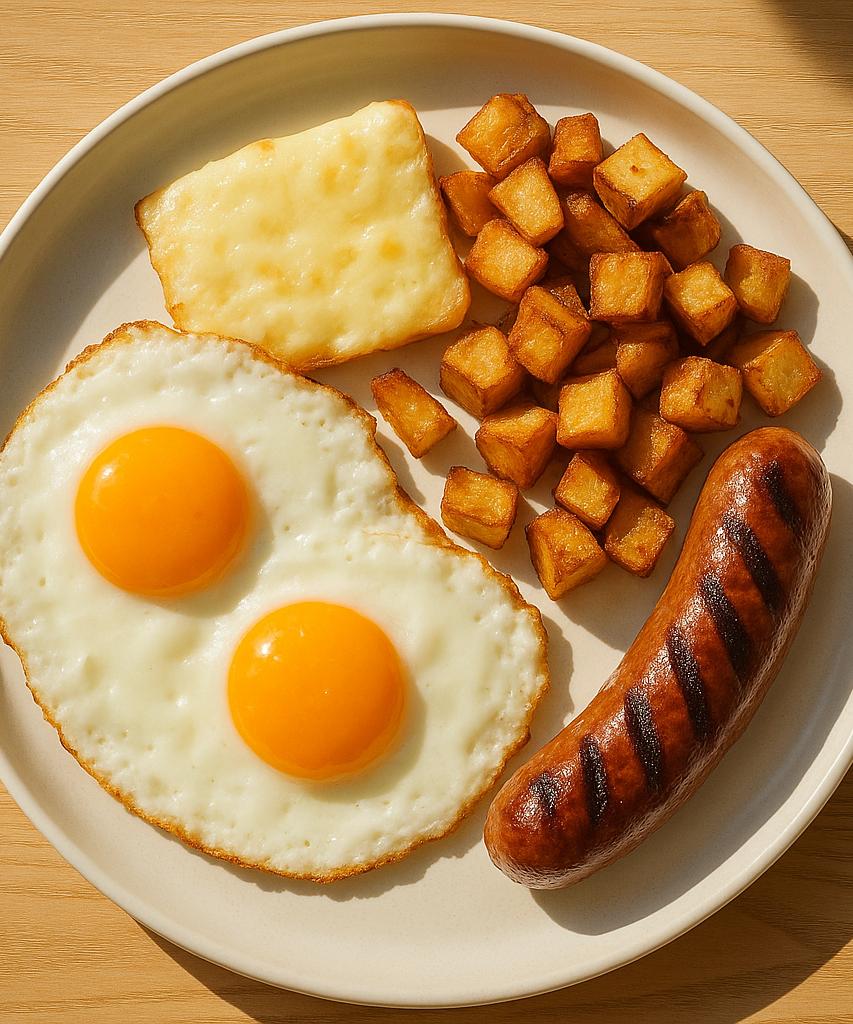 sfondo legno chiaro (stile brunch californiano, naturale)
luce mattutina calda e realistica
piatti moderni bianchi
presentazione pulita e appetitosa, senza testo o decorazioni

un grande piatto visto dall'alto 

Sunny side up eggs + sausage + melted cheese + crispy potatoes

California-style comfort food: creamy on the inside, crispy on the outside. Served in a bowl or wrap-style for takeaway.