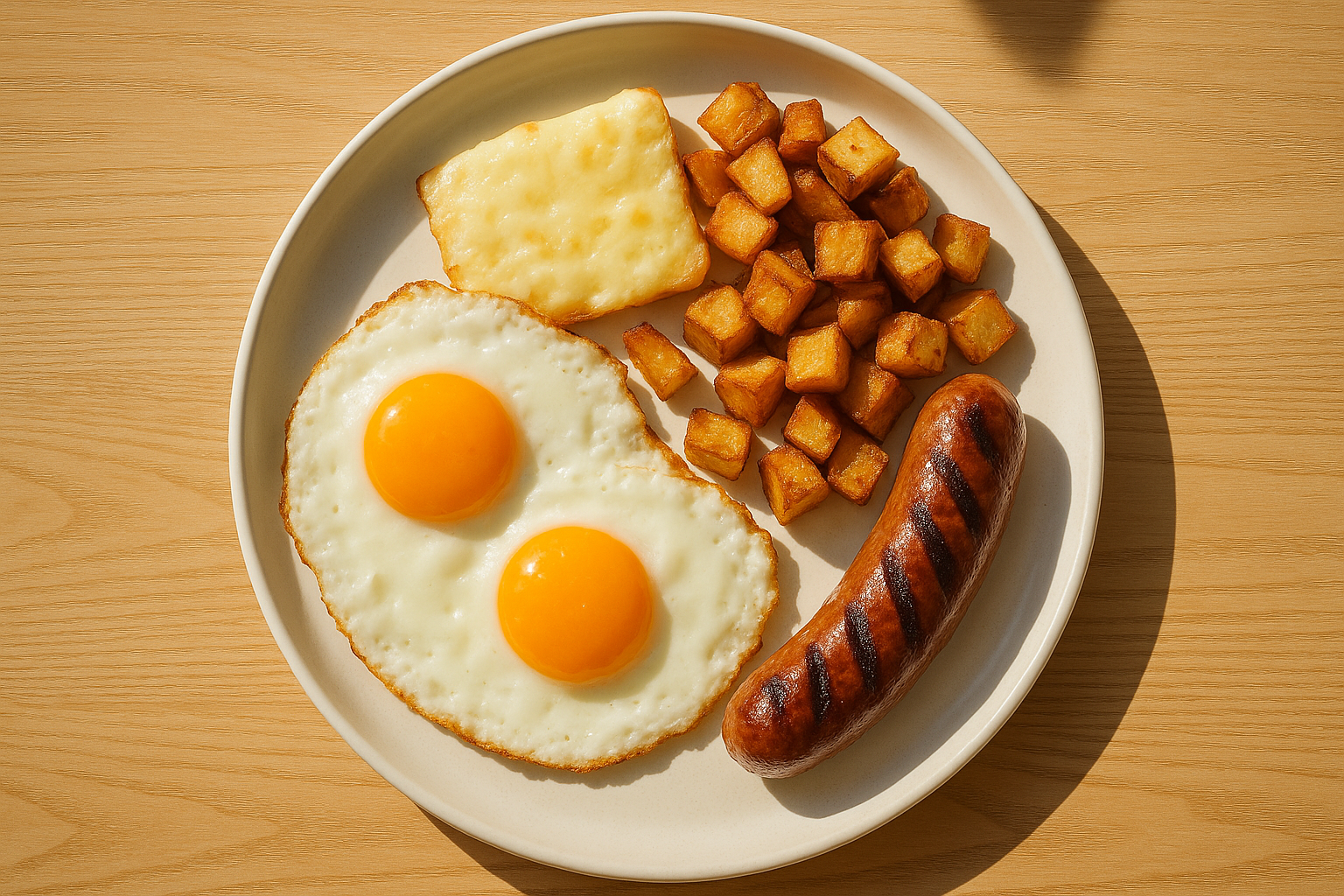 sfondo legno chiaro (stile brunch californiano, naturale)
luce mattutina calda e realistica
piatti moderni bianchi
presentazione pulita e appetitosa, senza testo o decorazioni

un grande piatto visto dall'alto 

Sunny side up eggs + sausage + melted cheese + crispy potatoes

California-style comfort food: creamy on the inside, crispy on the outside. Served in a bowl or wrap-style for takeaway.