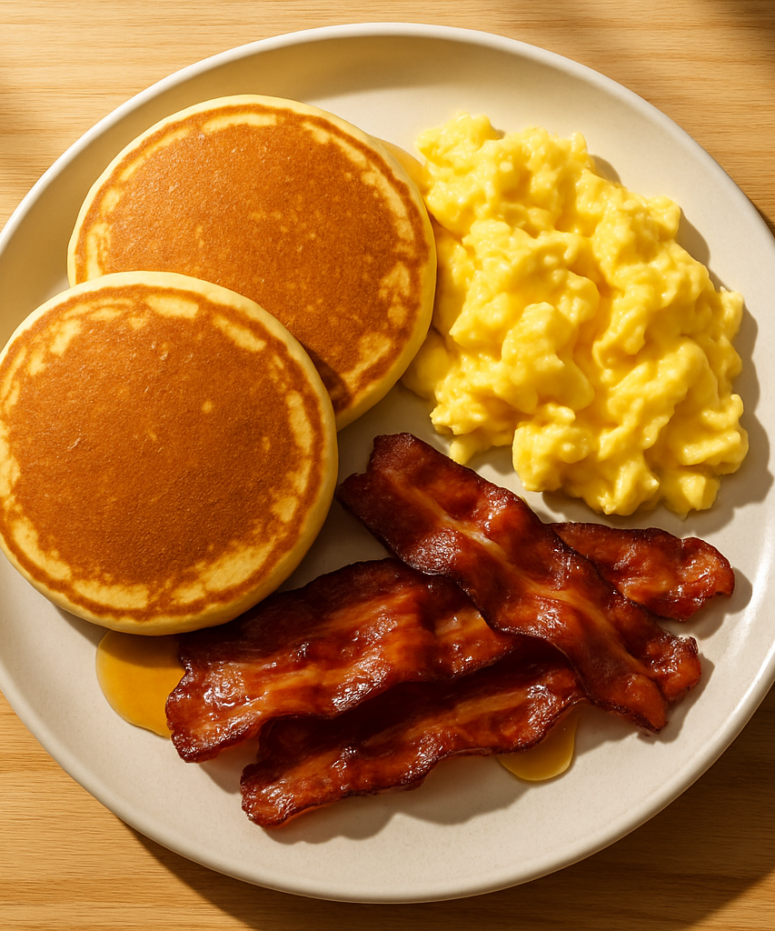 sfondo legno chiaro (stile brunch californiano, naturale)
luce mattutina calda e realistica
piatti moderni bianchi
presentazione pulita e appetitosa, senza testo o decorazioni
 un piatto solo visto dall'alto
Fluffy pancakes + scrambled eggs + bacon glazed with maple syrup

A sweet and savory treat, irresistibly American. Enjoy with a long coffee or cold brew.