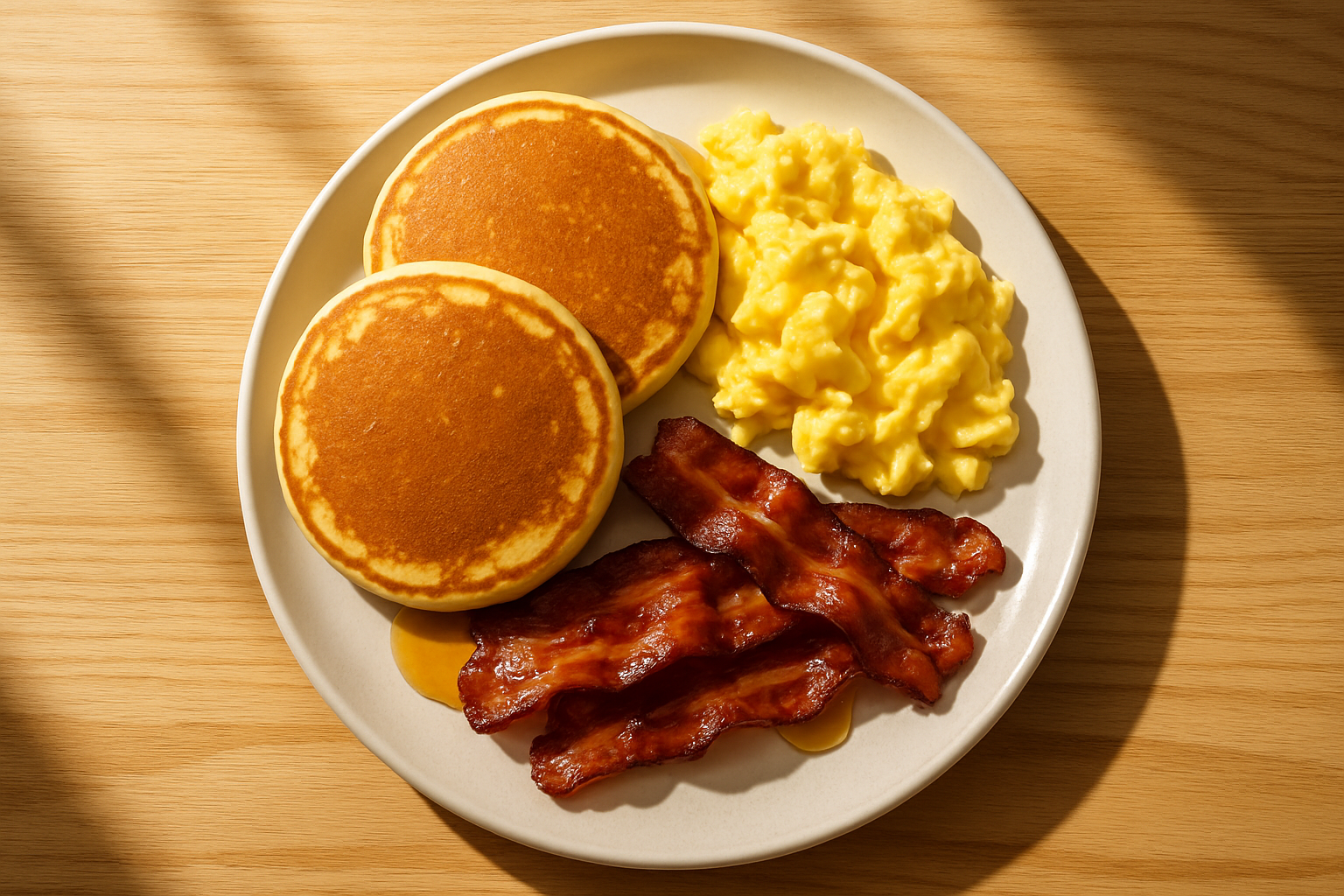 sfondo legno chiaro (stile brunch californiano, naturale)
luce mattutina calda e realistica
piatti moderni bianchi
presentazione pulita e appetitosa, senza testo o decorazioni
 un piatto solo visto dall'alto
Fluffy pancakes + scrambled eggs + bacon glazed with maple syrup

A sweet and savory treat, irresistibly American. Enjoy with a long coffee or cold brew.
