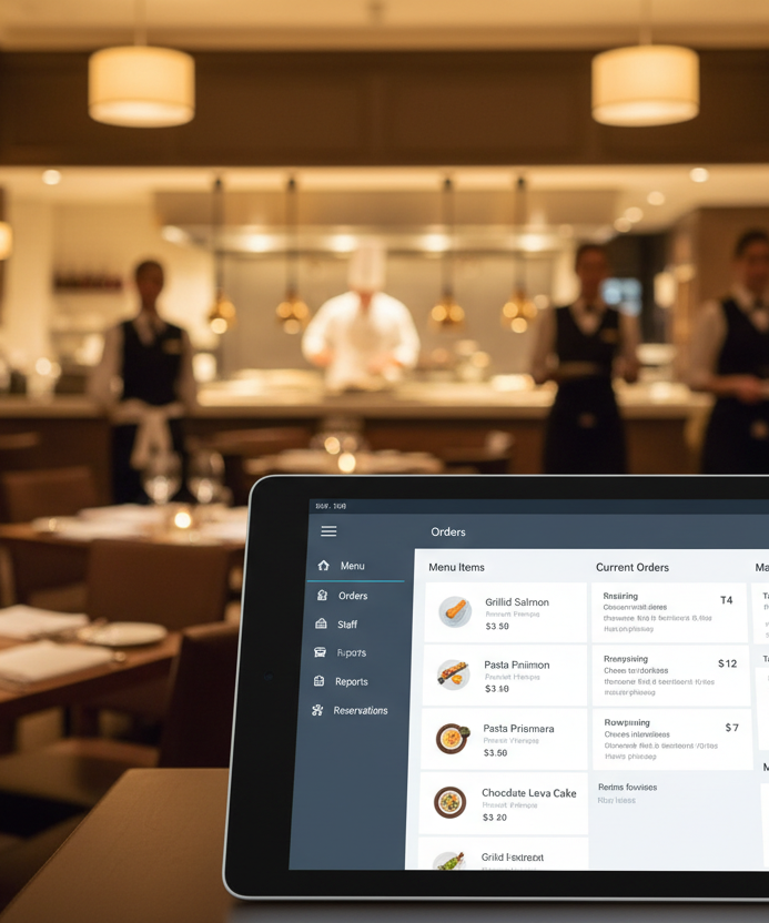 una immagine per un gestionale di ristorazione in uno schermo con sullo sforndo ristorante e  staff